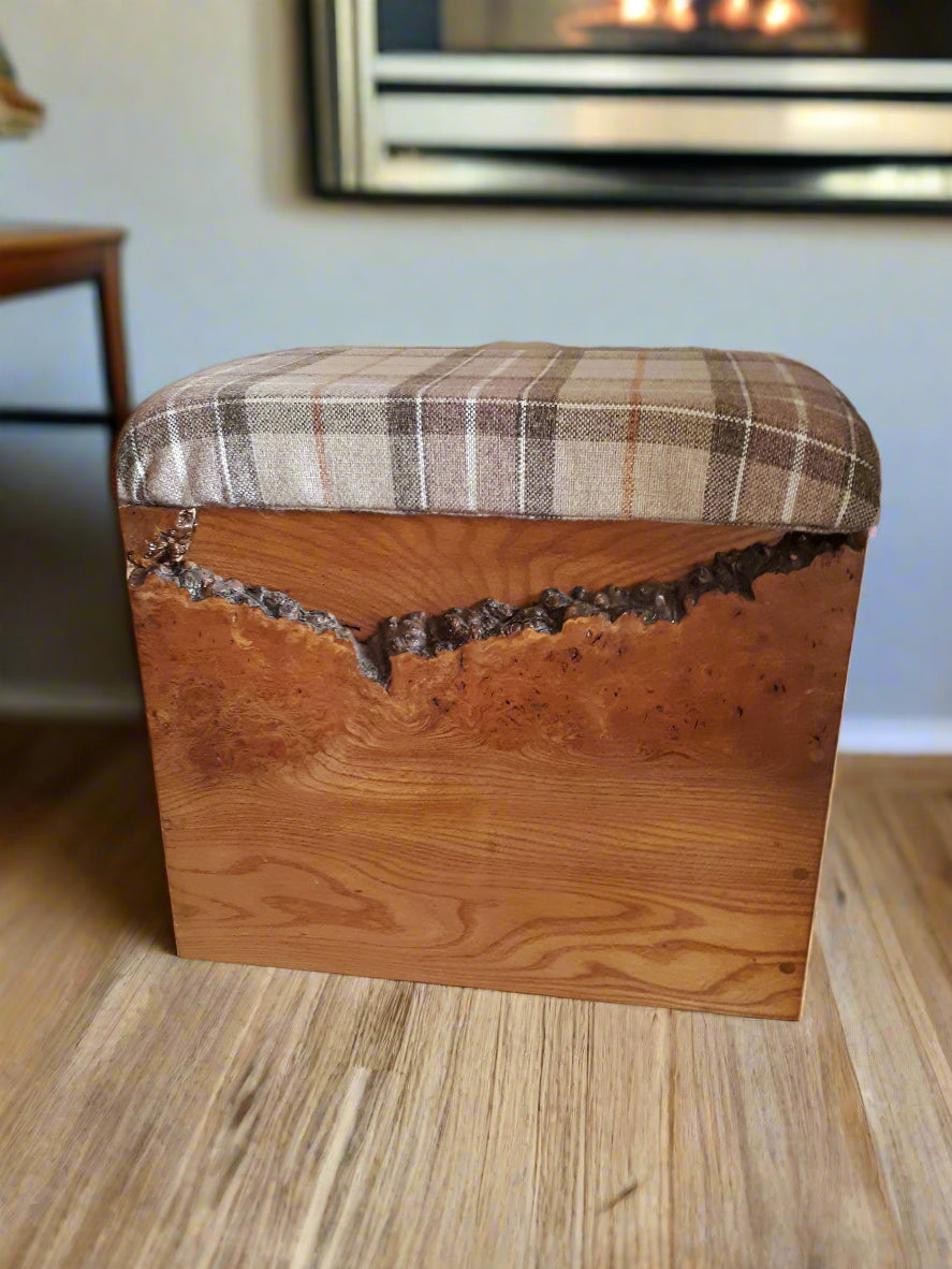 Rustic Solid Wood Storage Box with Tartan Cushion Lid – Multi-Purpose Kindling, Knitting & Seat Box