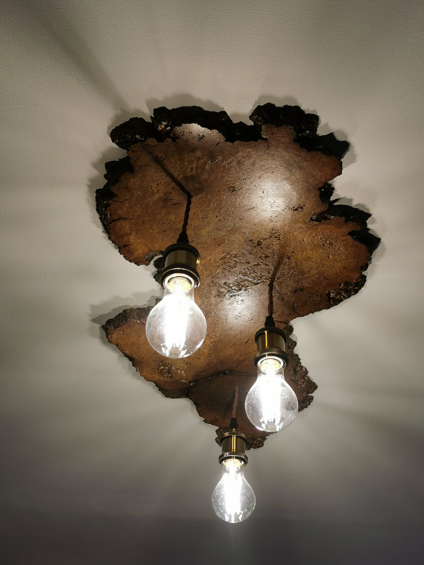 Rustic Oak Live Edge Ceiling Light with Antique Brass Pendants