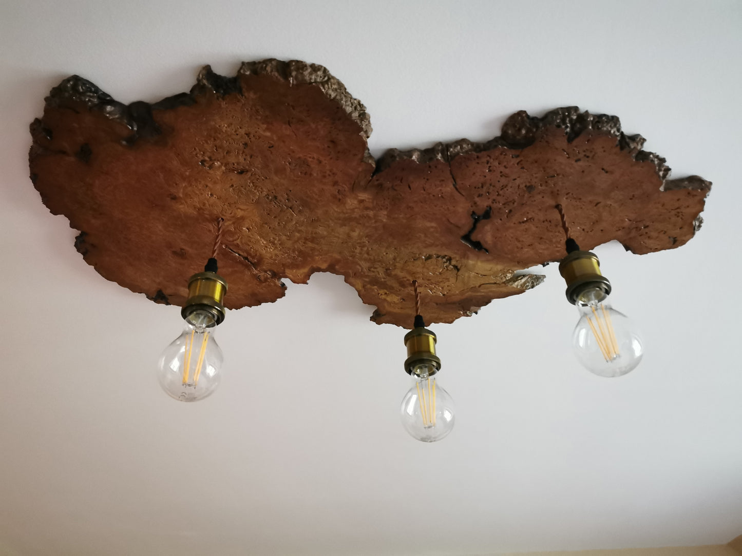 Rustic Oak Live Edge Ceiling Light with Antique Brass Pendants