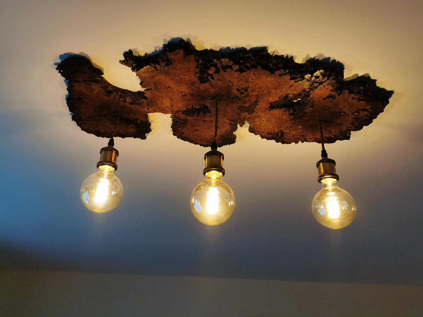 Rustic Oak Live Edge Ceiling Light with Antique Brass Pendants