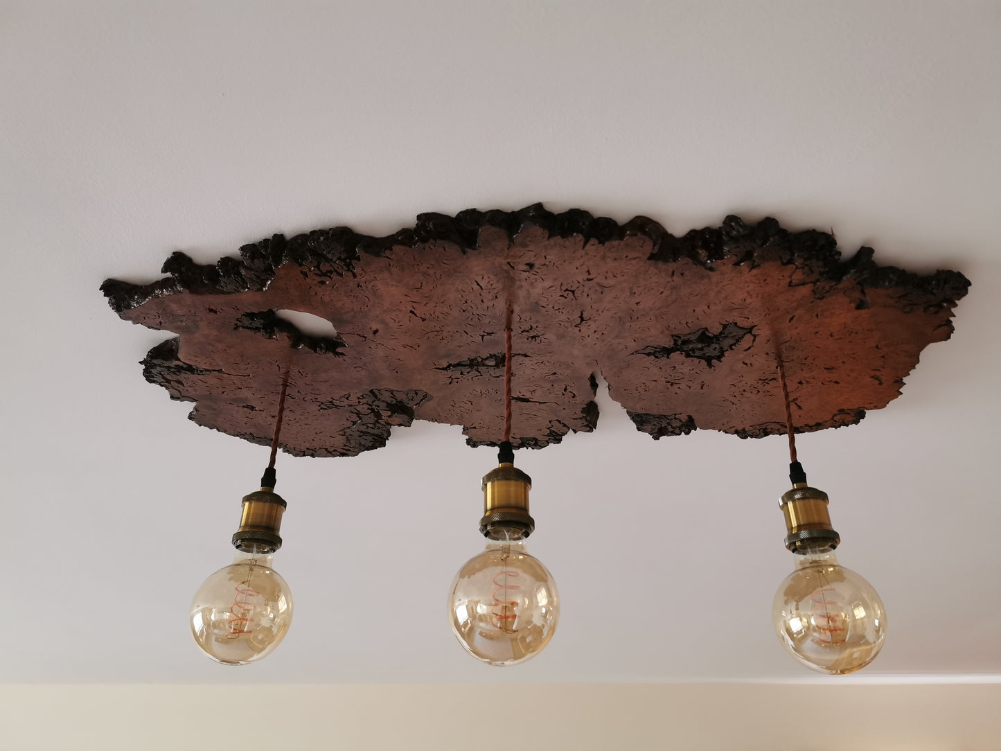 Rustic Oak Live Edge Ceiling Light with Antique Brass Pendants