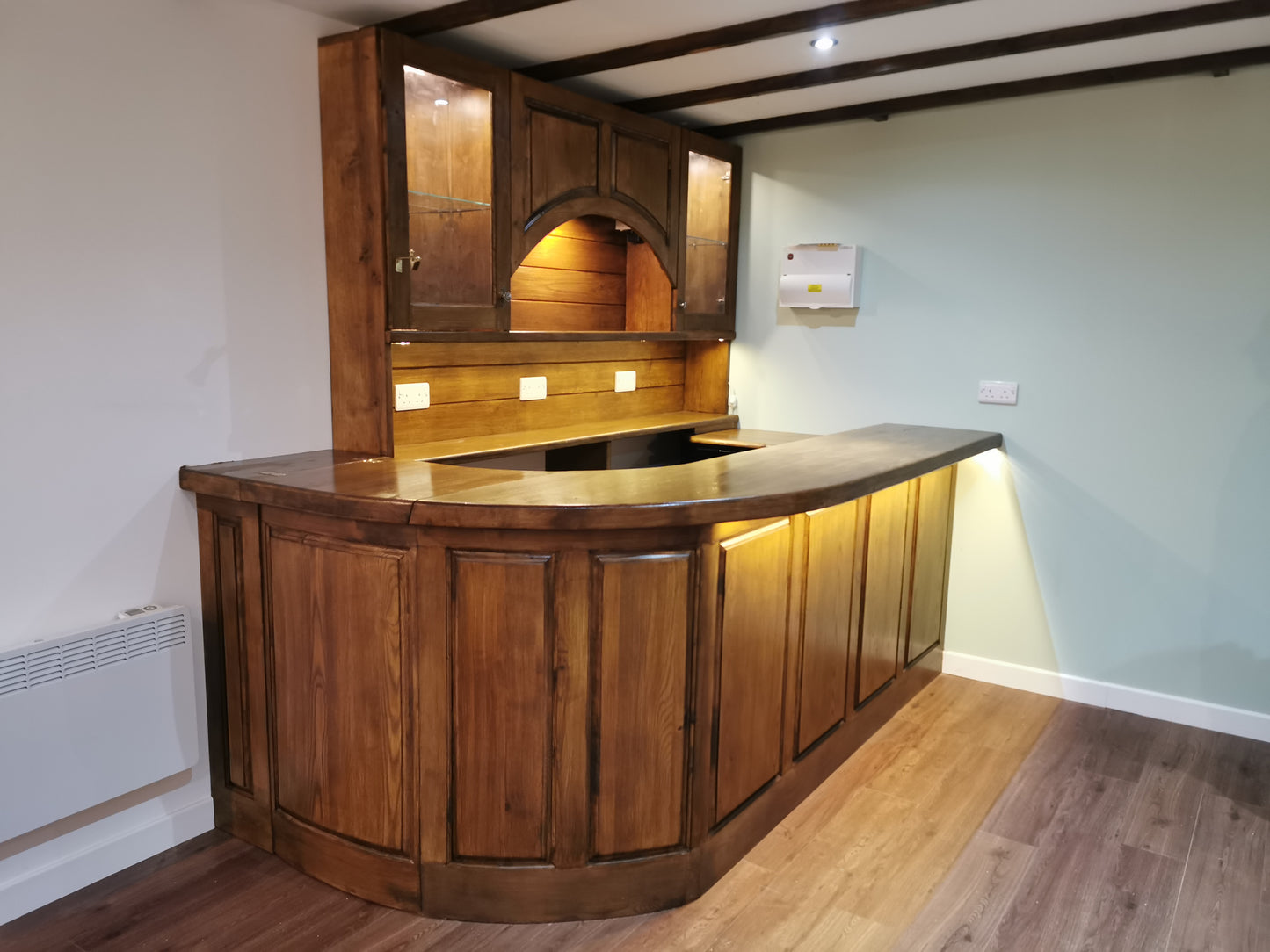 Handcrafted Stained Ash Home Bar with Curved Top & Display Cabinets
