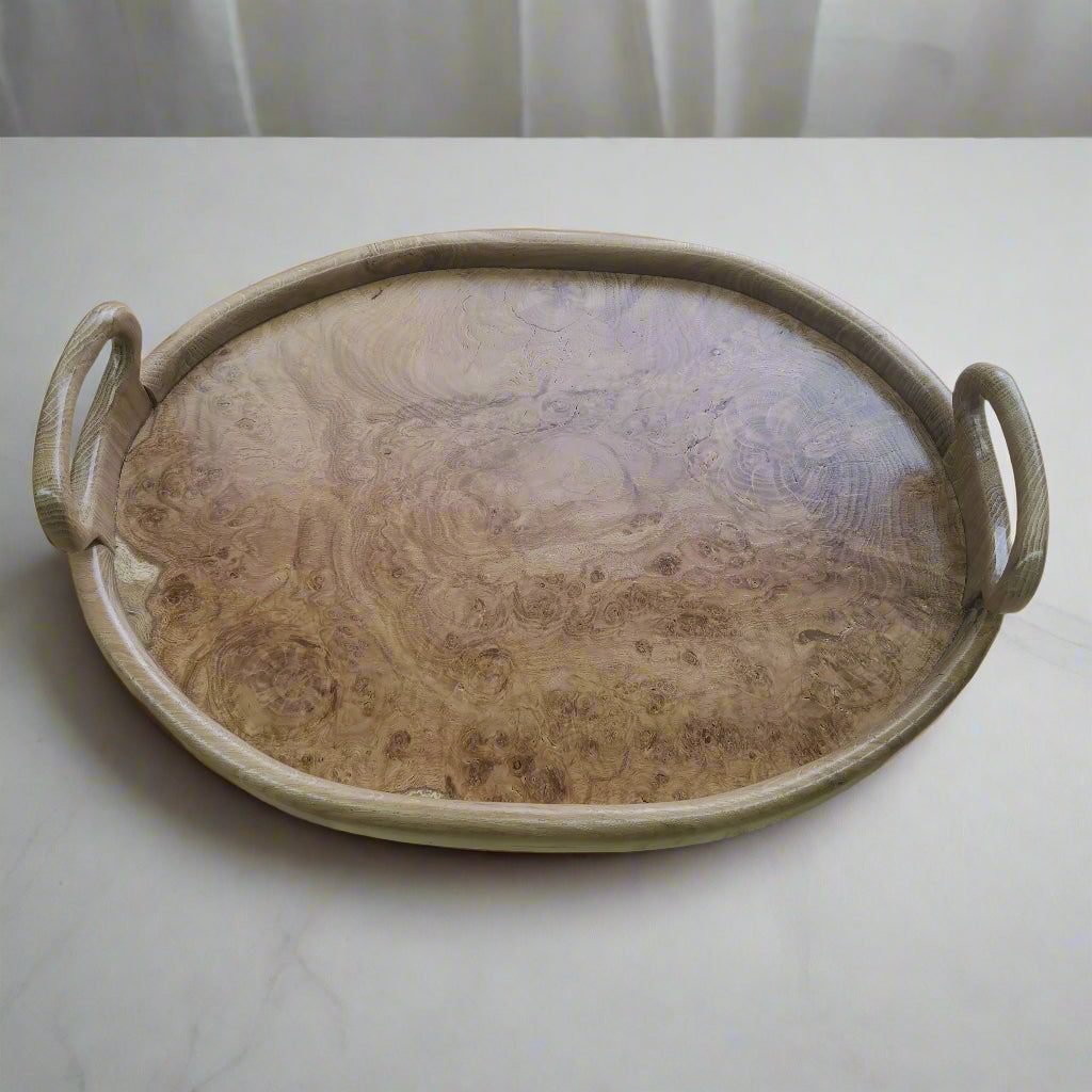 Handcrafted Oval Oak Serving Tray with Burr Oak Centre and Carved Handles
