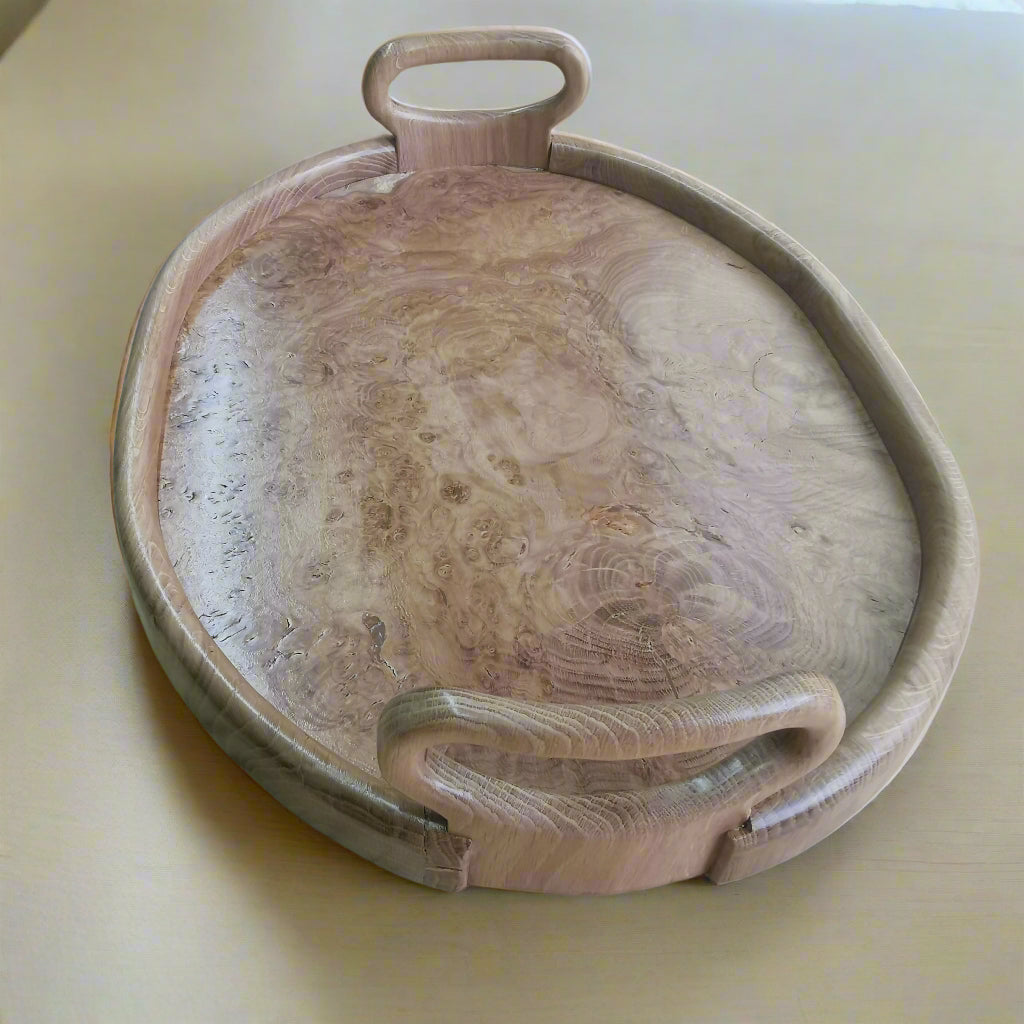 Handcrafted Oval Oak Serving Tray with Burr Oak Centre and Carved Handles