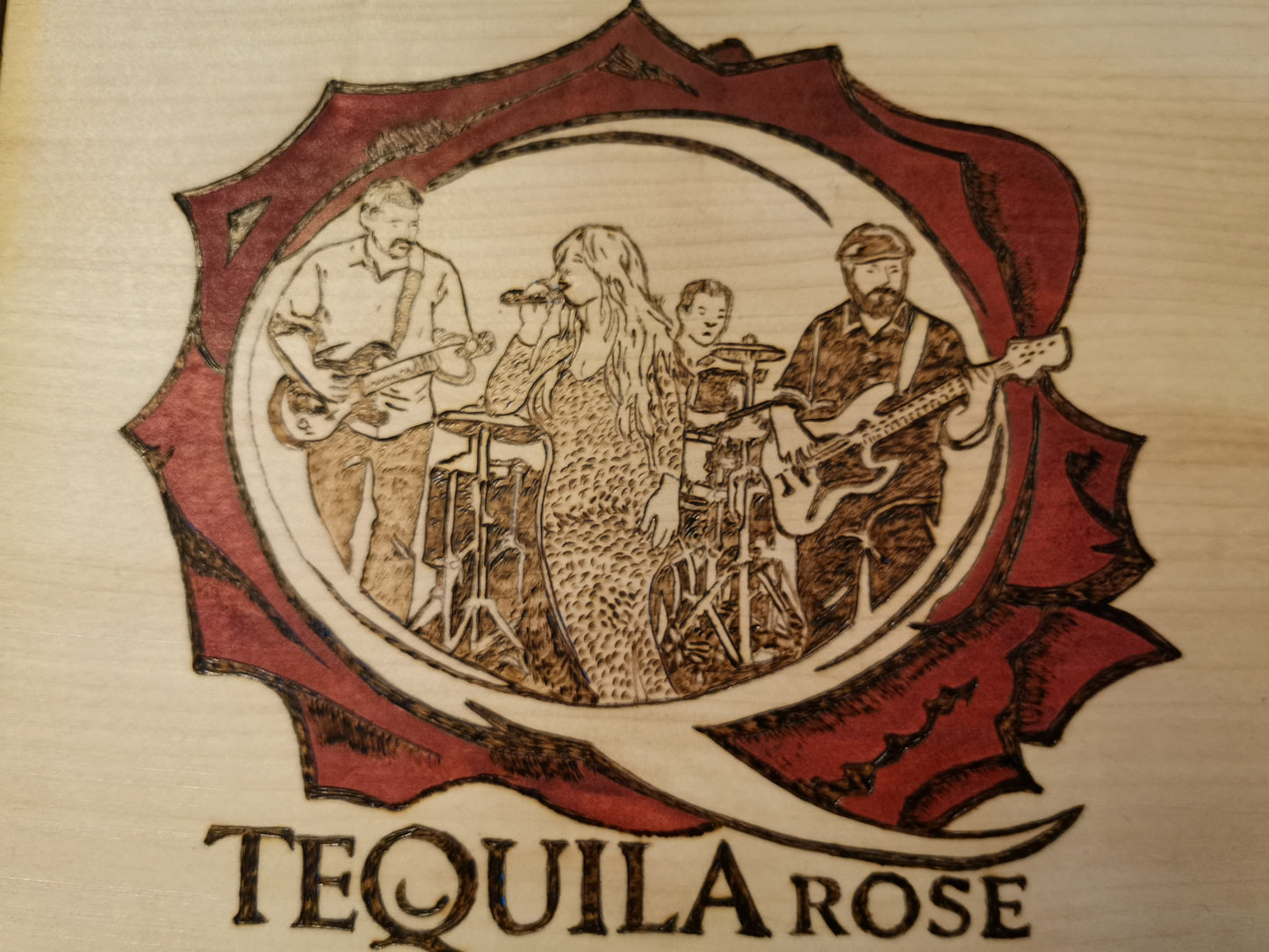 Framed Pyrography Artwork – Custom Band Portrait on Chestnut Wood