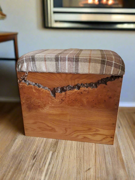 Rustic Solid Wood Storage Box with Tartan Cushion Lid – Multi-Purpose Kindling, Knitting & Seat Box