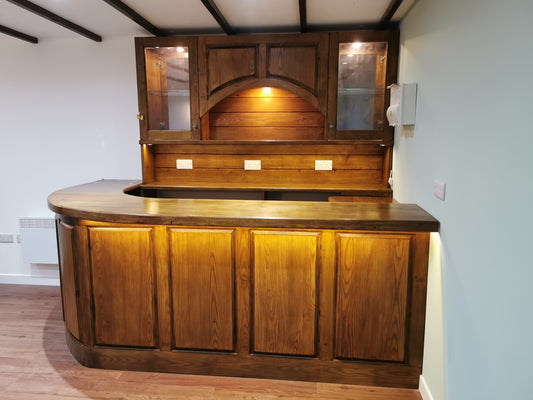 Handcrafted Stained Ash Home Bar with Curved Top & Display Cabinets