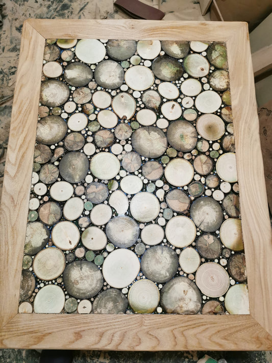 Wall Art with Oak Frame – Wood Discs &amp; Coloured Resin
