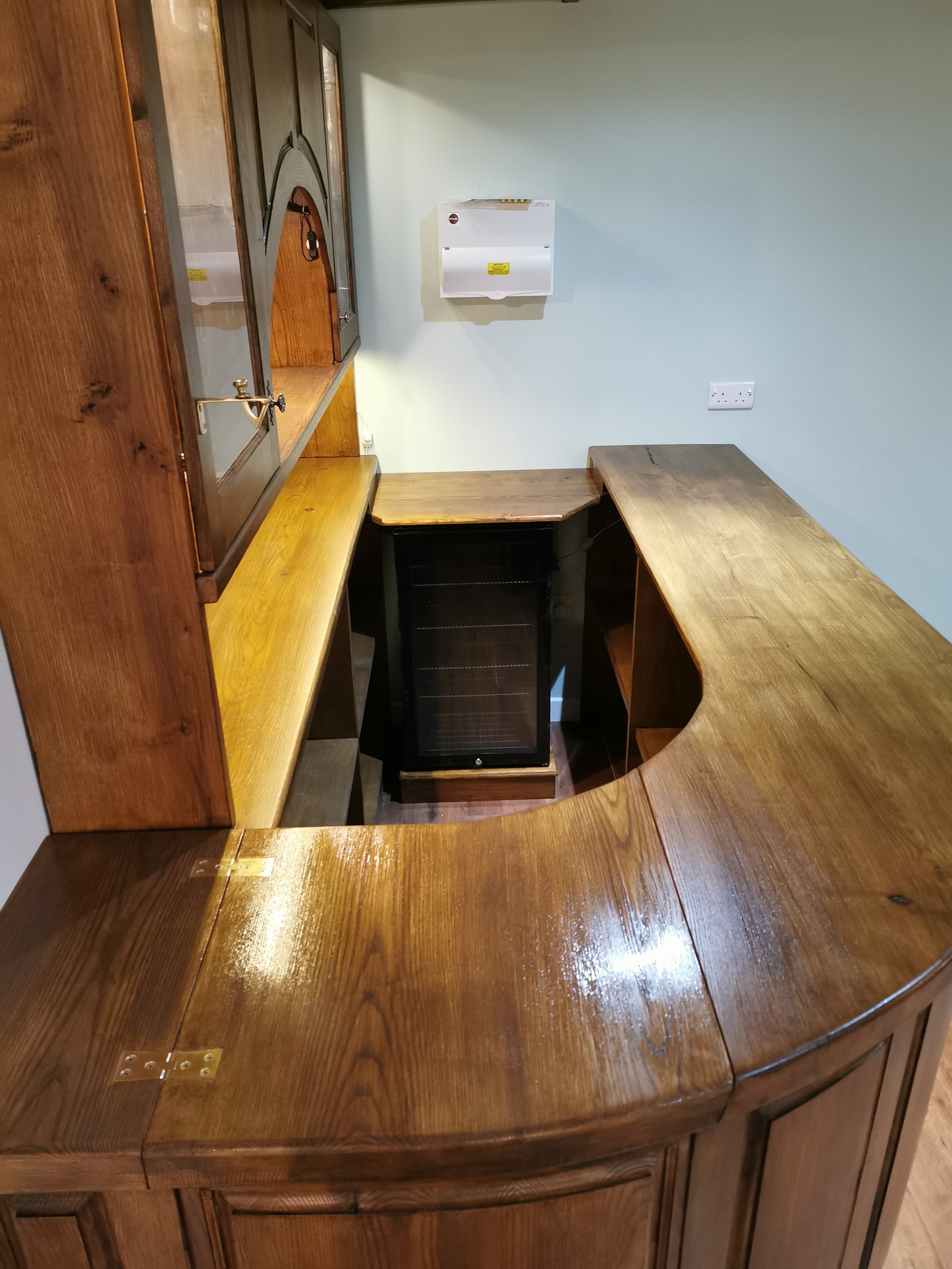 Handcrafted Stained Ash Home Bar with Curved Top & Display Cabinets