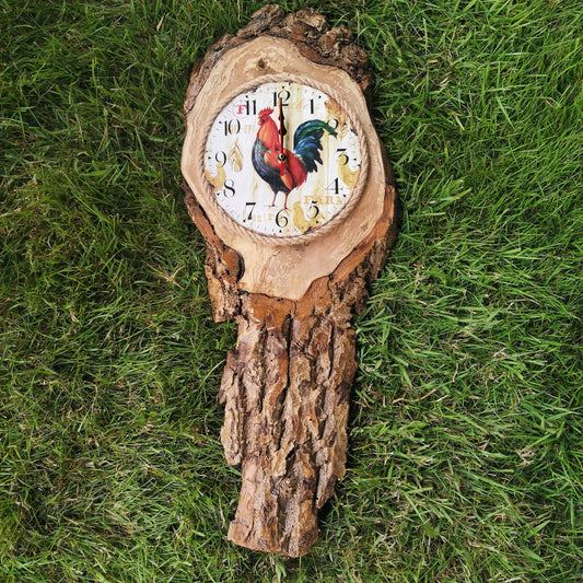 Rustic Live Edge Wooden Wall Clock with Cockerel Design