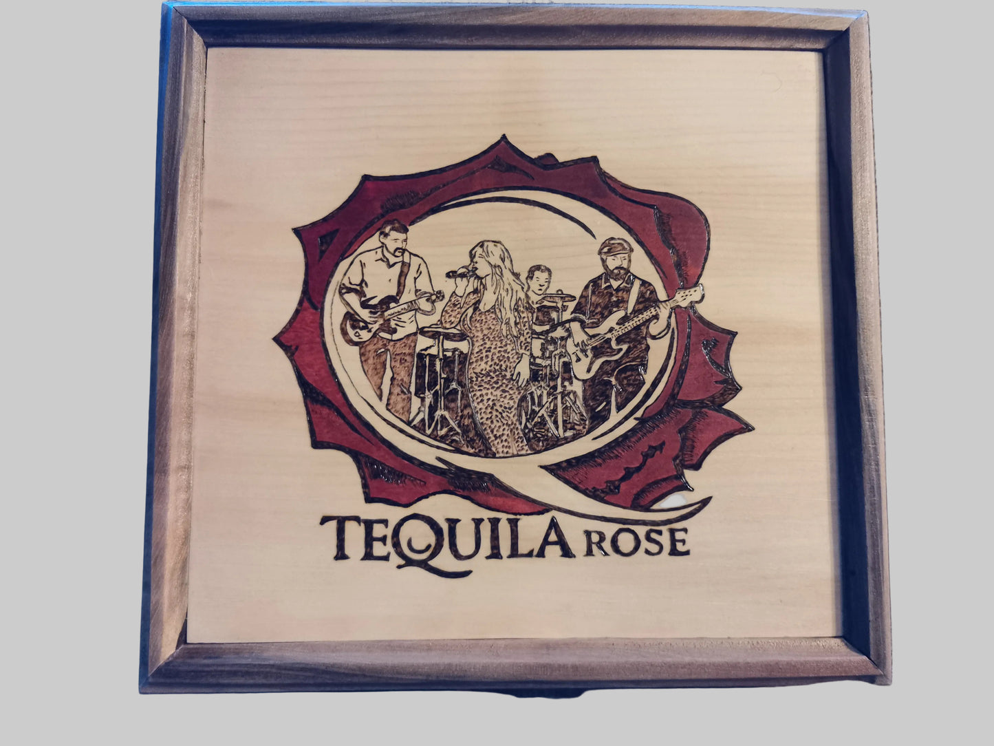 Framed Pyrography Artwork – Custom Band Portrait on Chestnut Wood