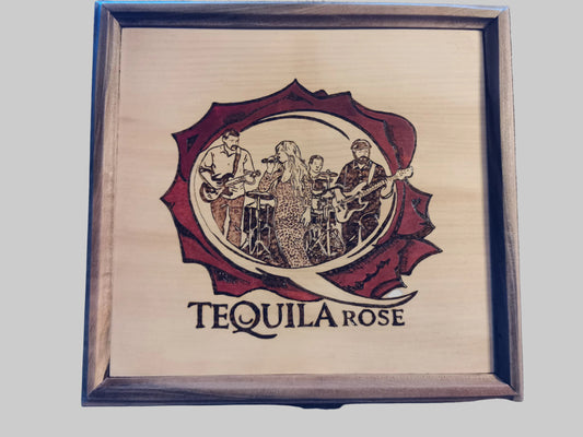 Framed Pyrography Artwork – Custom Band Portrait on Chestnut Wood