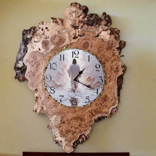 Rustic Live Edge Wall Clock – "Moses and the Red Sea"